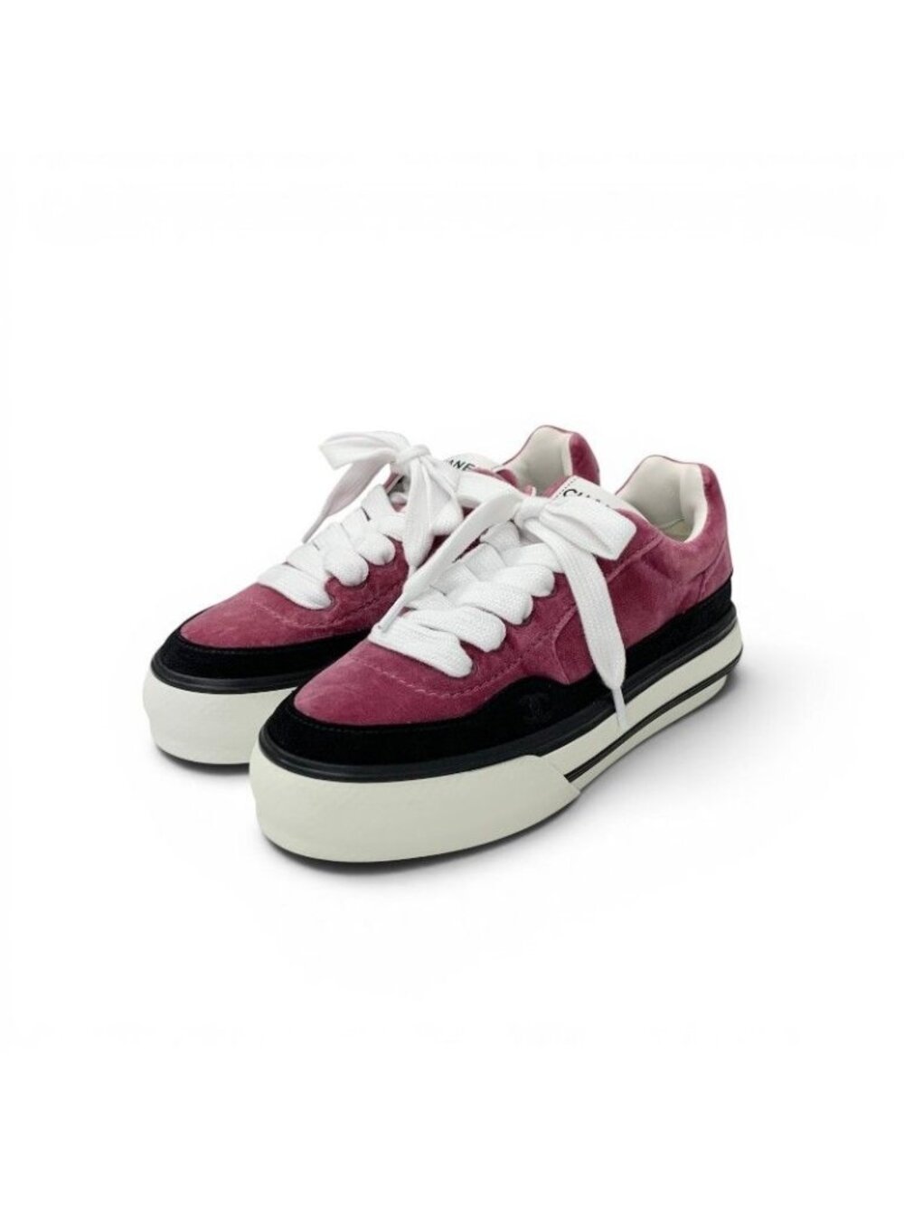 Chanel Sneakers Velour Suede Pink Black White CC Logo